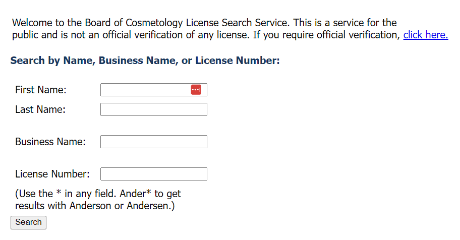 Layout of the MN Board of Cosmetology License Lookup Tool