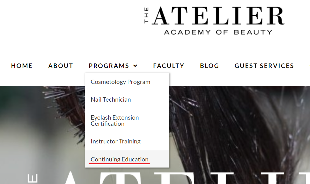 Finding the Continuing Education tab below the Programs heading of the Atelier Academy website