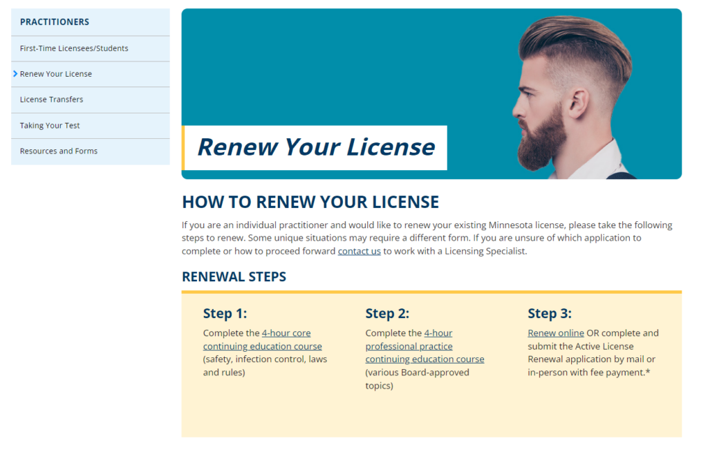 MN Board of Cosmetology License Renewal page