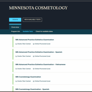 Screenshot of the Available Test Page of PSI Testing